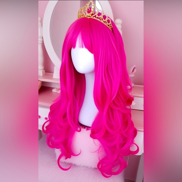 Sissy Princess Pink Curly Long Synthetic Hair Wig peice for cosplay CD Drag - Picture 2 of 5